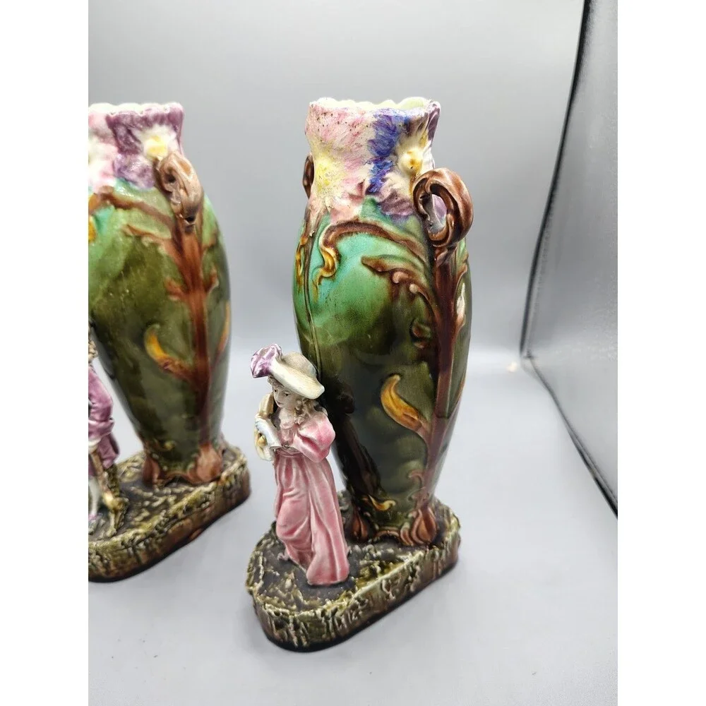 2-antique 1890's ~MAJOLICA old Victorian-era HAND-PAINTED vases. Ladies Arm Brok